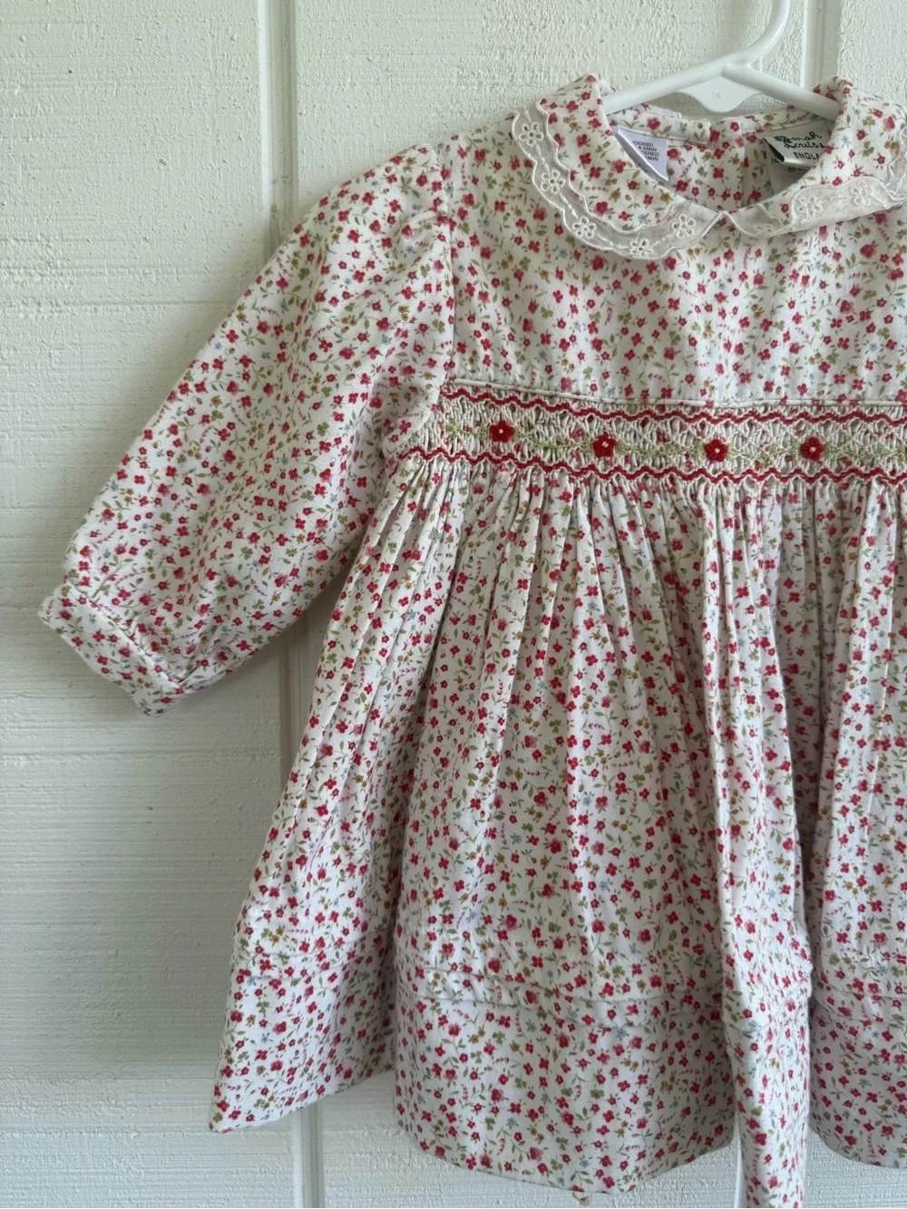 Sarah Louise England Red Floral Long Sleeve Hand Smocked Lace Collar Dress